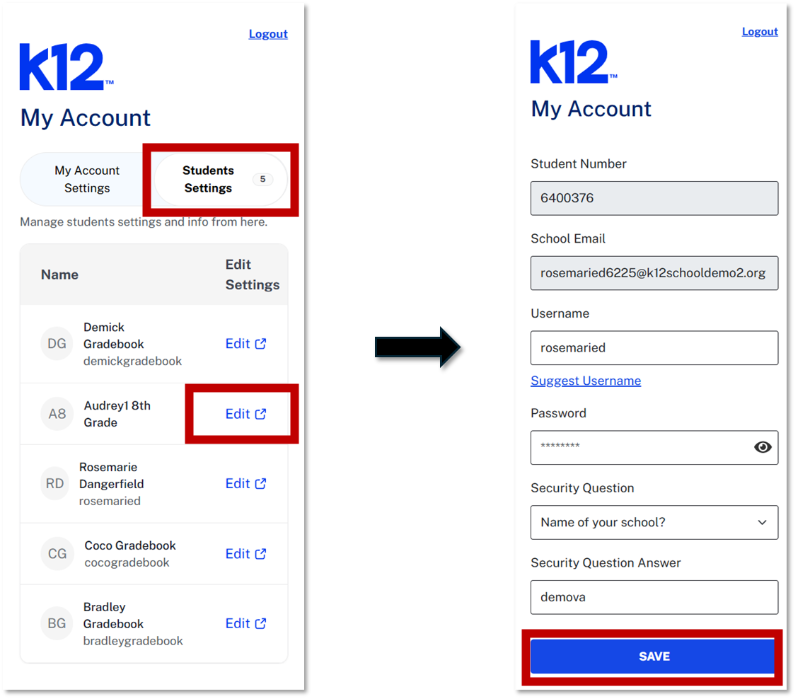 Change Your K12 School Username or Password